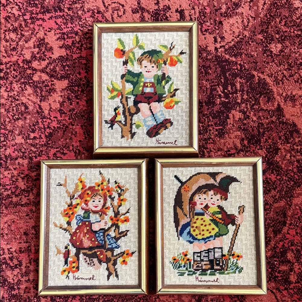 Vintage Framed Hummel Needlepoint -Set of 3